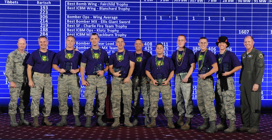 The 2nd Bomb Wing from Barksdale AFB, La., was named the Best Bomber Munitions Maintenance Team during the second night of the Global Strike Challenge score posting at Barksdale Air Force Base, La., Nov. 9. Global Strike Challenge is an amalgam of the best of the historic bomb competition and the former missile competition held under previous major commands that owned the missile and bomber missions at the time. Global Strike Challenge is unique when compared to those competitions because it includes operations, maintenance and security force participants from both the missile and bomber communities under the 2-year-old Air Force Global Strike Command. It also welcomes teams and weapon systems from other major commands. (U.S. Air Force photo by Airman 1st Class Micaiah Anthony)