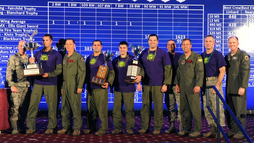 The 96th Bomb Squadron from Barksdale AFB, La., was awarded the Linebacker Trophy for Best B-52 Squadron during the second night of the Global Strike Challenge score posting at Barksdale Air Force Base, La., Nov. 9. Global Strike Challenge is an amalgam of the best of the historic bomb competition and the former missile competition held under previous major commands that owned the missile and bomber missions at the time. Global Strike Challenge is unique when compared to those competitions because it includes operations, maintenance and security force participants from both the missile and bomber communities under the 2-year-old Air Force Global Strike Command. It also welcomes teams and weapon systems from other major commands. (U.S. Air Force photo by Airman 1st Class Micaiah Anthony) 