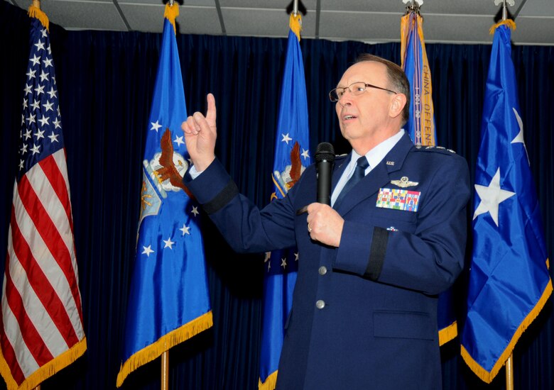 Lt. Gen. Charles Stenner, Jr., Chief of Air Force Reserve, Headquarters U.S. Air Force, Washington, D.C., and Commander, Air Force Reserve Command, Robins Air Force Base, Ga., speaks during the recent Tenth Air Force Change of Command ceremony held Nov. 5 at the Naval Air Station Fort Worth Joint Reserve Base, Texas. Brig Gen William B. Binger assumed command from Maj. Gen. Frank J. Padilla who is headed to become the Deputy Inspector General at the Pentagon.