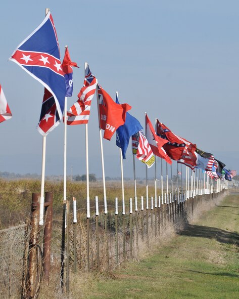 Flags flap in the wind outside of the Museum of the Forgotten Warrior near Beale Air Force Base, Calif., Nov. 10, 2011. The museum houses items and uniforms from all branches of services and periods honoring military members who have been lost during the various wars the United States have fought.  (U.S. Air Force photo by Staff Sgt. Jonathan Fowler/Released)