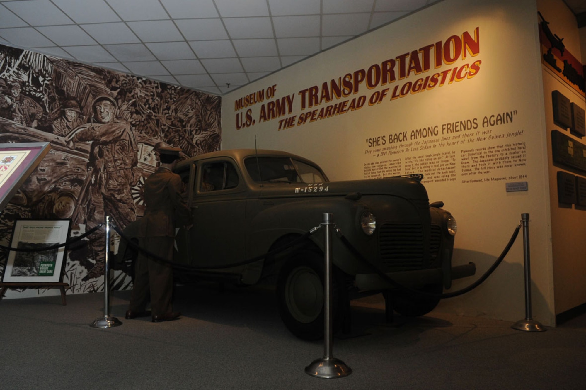 One of the first cars the Army used as transportation is displayed in front of the lobby. (U.S. Air Force photo by Staff Sgt. Ashley Hawkins/Released)