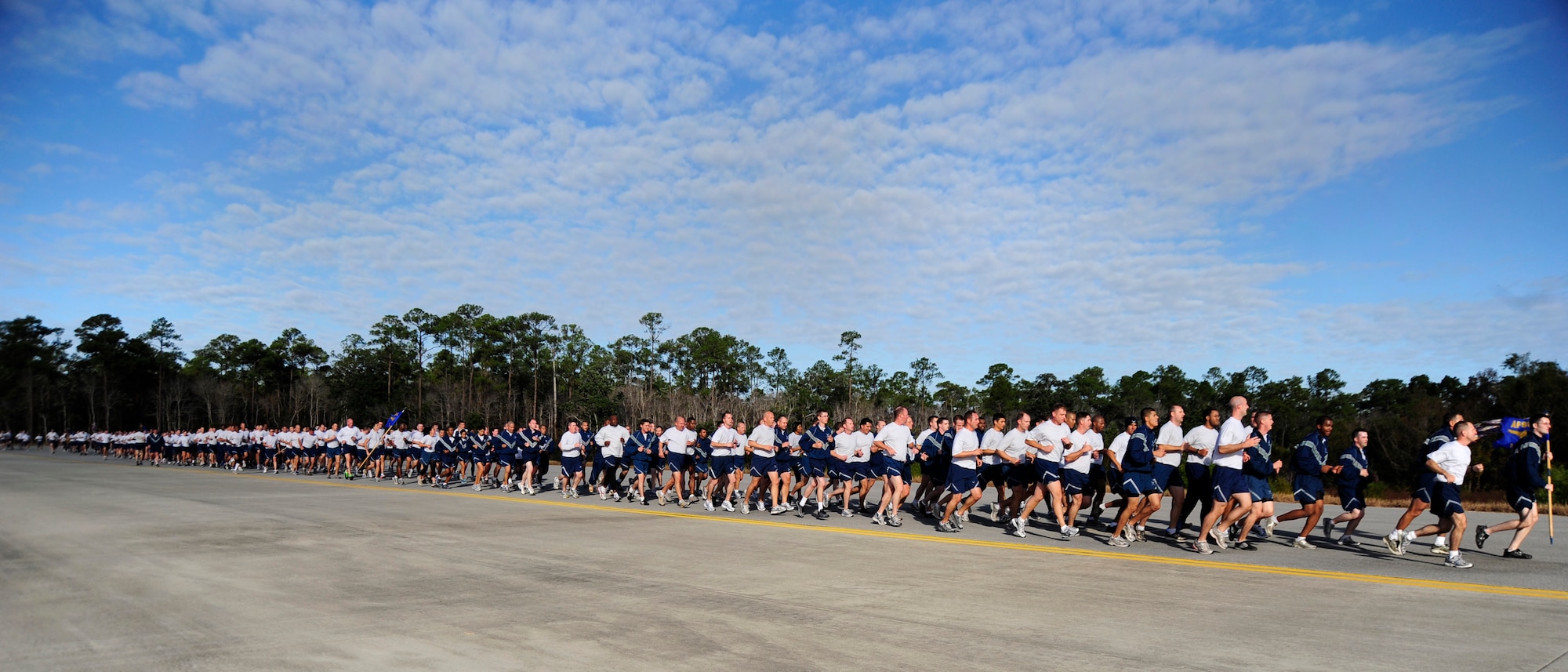 U.S. Air Force Airmen run in formation during a 5 km base-wide run, Hurlburt Field, Fla., Nov. 7, 2011. Air Commandos ran in formation promoting a sense of unity. (U.S. Air Force photo/Airman 1st Class Naomi Griego)(Released)