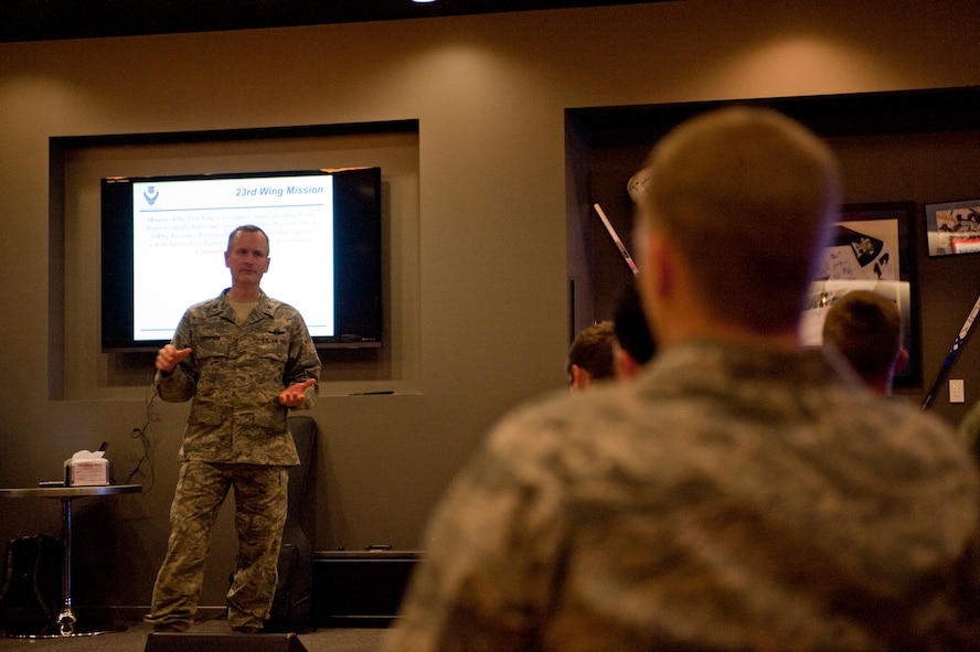 U.S. Air Force Col. Billy Thompson, commander of the 23rd Wing, Moody Air Force Base, Ga., gives his mission briefing to cadets of Cadet Squadron 9 at the U.S. Air Force Academy, Colorado Springs, Colo., Nov. 3, 2011. Thompson and fellow Airmen  came to the academy to talk about the operational Air Force with their sister squadron, Cadet Squadron 9. The 23rd Wing also conducted a Personnel Recovery demonstration for the entire academy during the visit. (U.S. Air Force Photo by Staff Sgt. Joshua J. Garcia/Released)