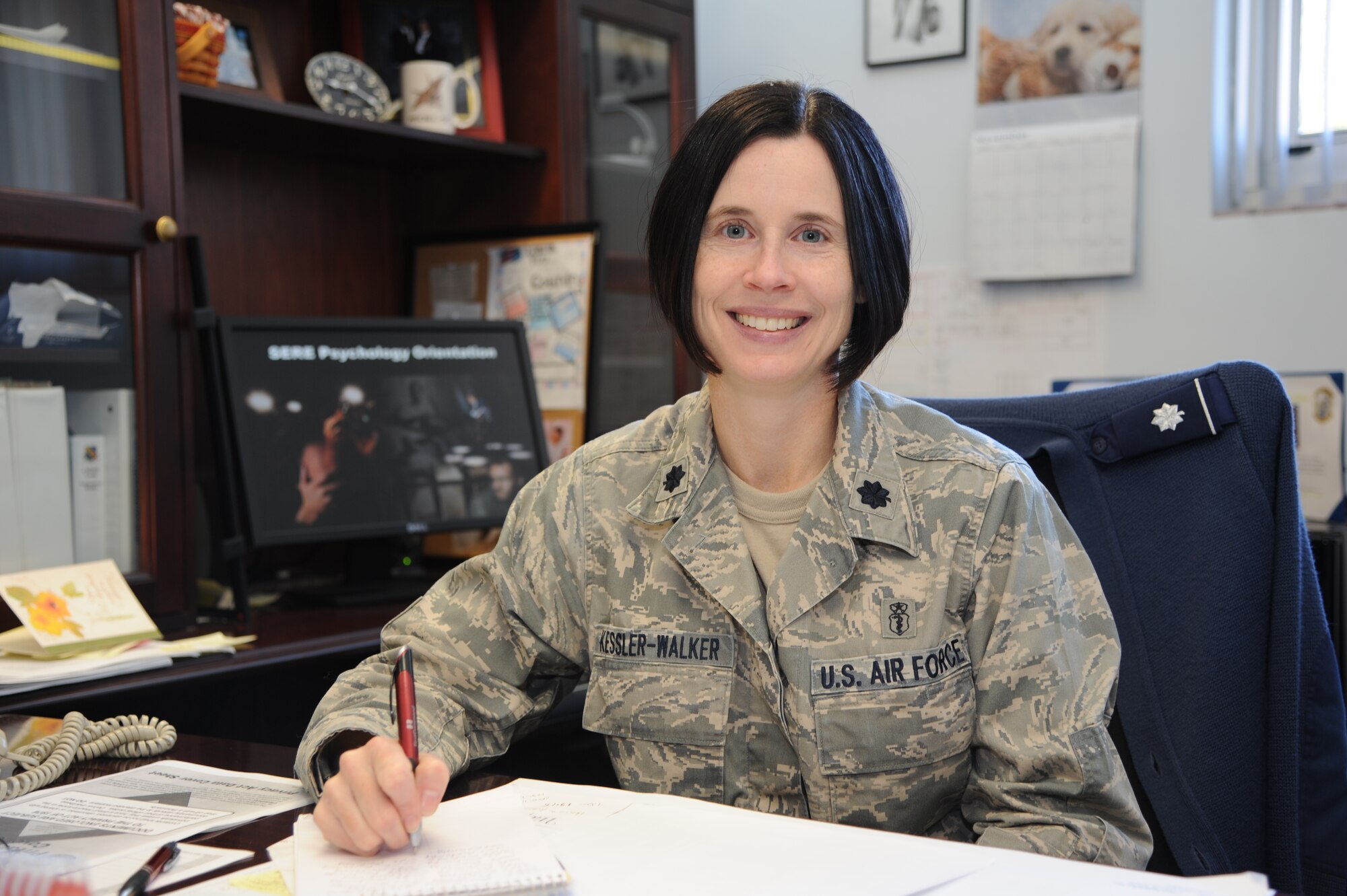 Lt. Col. Dawn Kessler-Walker, 4th Medical Operations Squadron (MDOS) commander, poses for a photo at the 4th Medical Group clinic on Seymour Johnson Air Force Base, N.C., Nov. 8, 2011. Kessler-Walker is directly responsible for health care and prevention services to over 12,000 Tricare Prime enrollees in family medicine, pediatrics, women's health, physical therapy and mental health. Among her primary duties she is also a licensed psychologist and continues to see patients in the mental health clinic. (U.S. Air Force photo by Tech. Sgt. Colette M. Graham)