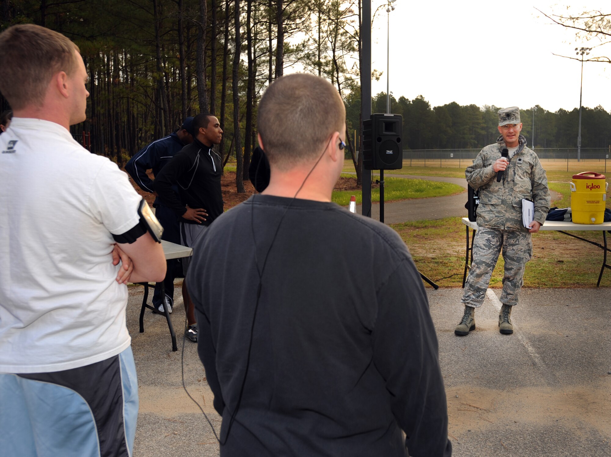 U.S. Air Force Lt. Col. James Smith, 20th Component Maintenance Squadron, speaks to the Combined Federal Campaign runners and thanks them for their support, Shaw Air Force Base, S.C., Nov. 10, 2011.This year is "50 years of caring" for the CFC. CFC is an annual drive which is based on one idea for one gift, once a year. Its purpose is to "improve quality of local community, nation, and world," President John F. Kennedy 1961. This year's goal is to reach $175,000. (U.S. Air Force photo by Airman 1st Class Tabatha Duarte/Released)