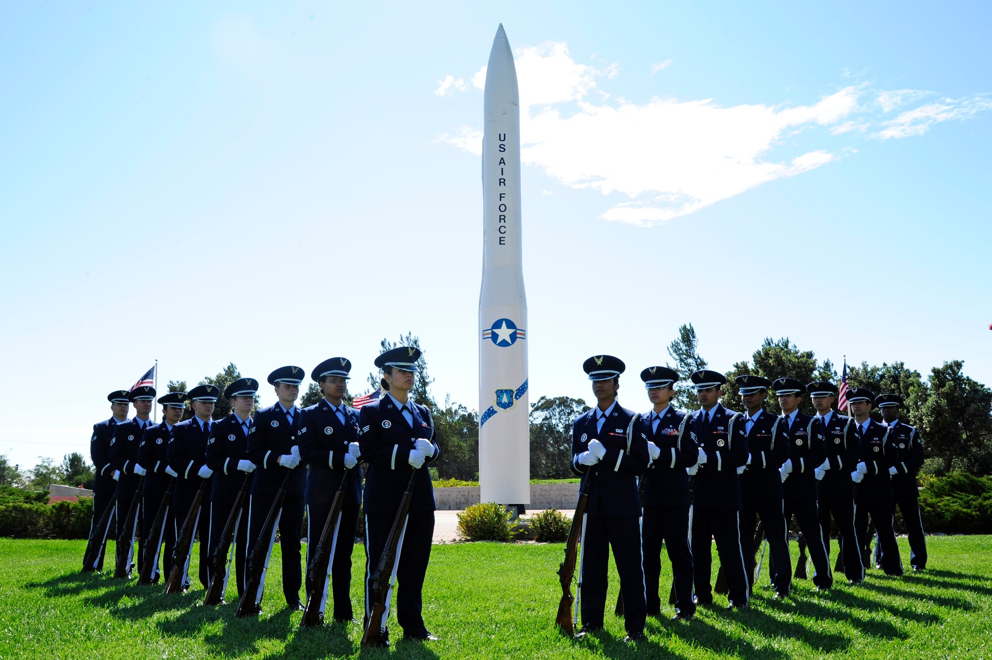 VANDENBERG AIR FORCE BASE, Calif.-- The base honor guard stand at parade rest in front of Missile V here Friday, Sept. 23, 2011. The base honor guard is charged to stand sharp, crisp and motionless for they are ceremonial guardsmen. (U.S. Air Force photo/Senior Airman Lael Huss)
