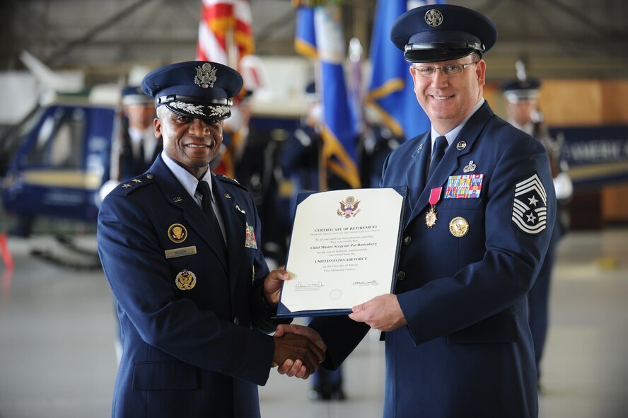 Congratulations to Chief Master Sgt. Pat Battenberg on his retirement after 30 years of service to the United States Air Force.  (U.S. Air Force photo by Tech. Sgt. Raymond Mills)