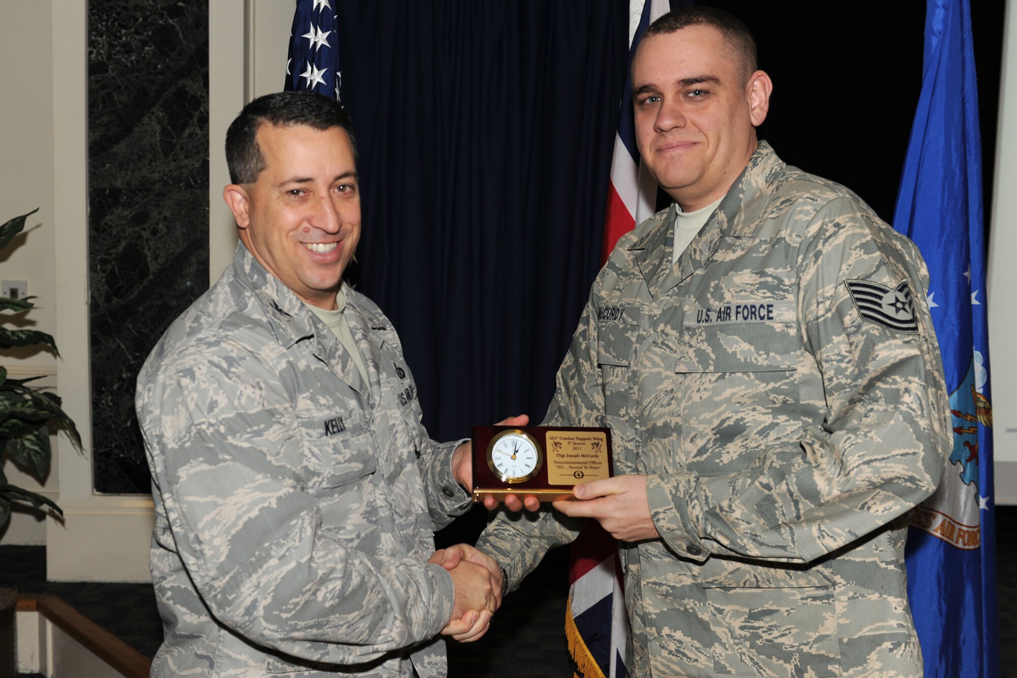 RAF ALCONBURY, United Kingdom - Tech. Sgt. Joseph McCurdy, 501st Combat Support Wing, is recognized by the 501st Combat Support Wing as the NCO Third Quarter Award winner. (U.S. Air Force photo by Senior Airman Joel Mease)