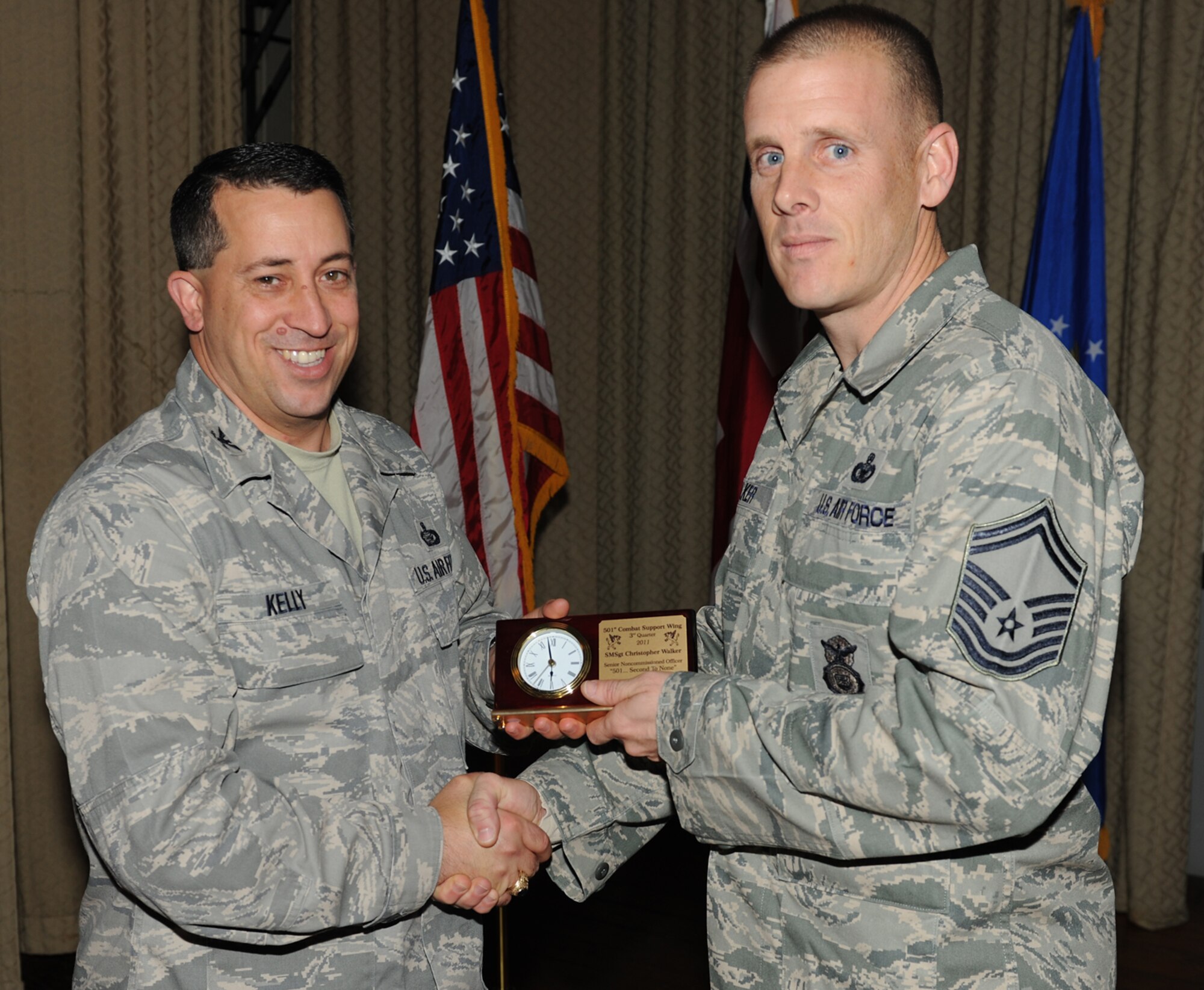 RAF ALCONBURY, United Kingdom - Senior Master Sgt. Christopher Walker, 423rd Security Forces Squadron, is recognized by the 501st Combat Support Wing as the Senior NCO Third Quarter Award winner. (U.S. Air Force photo by Senior Airman Joel Mease)