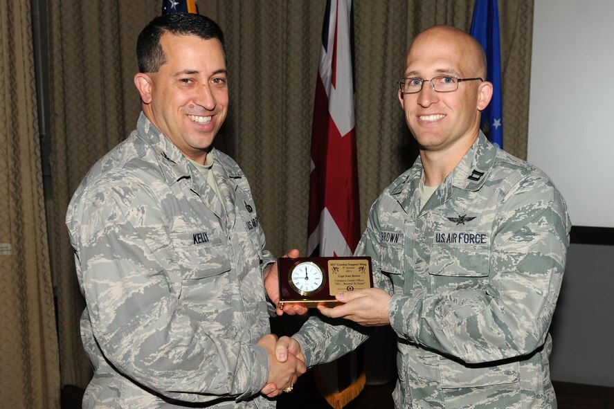 RAF ALCONBURY, United Kingdom -Capt. Ivan Brown, 423rd Communications Squadron, is recognized by the 501st Combat Support Wing as the Company Grade Officer Third Quarter Award winner. (U.S. Air Force photo by Senior Airman Joel Mease)