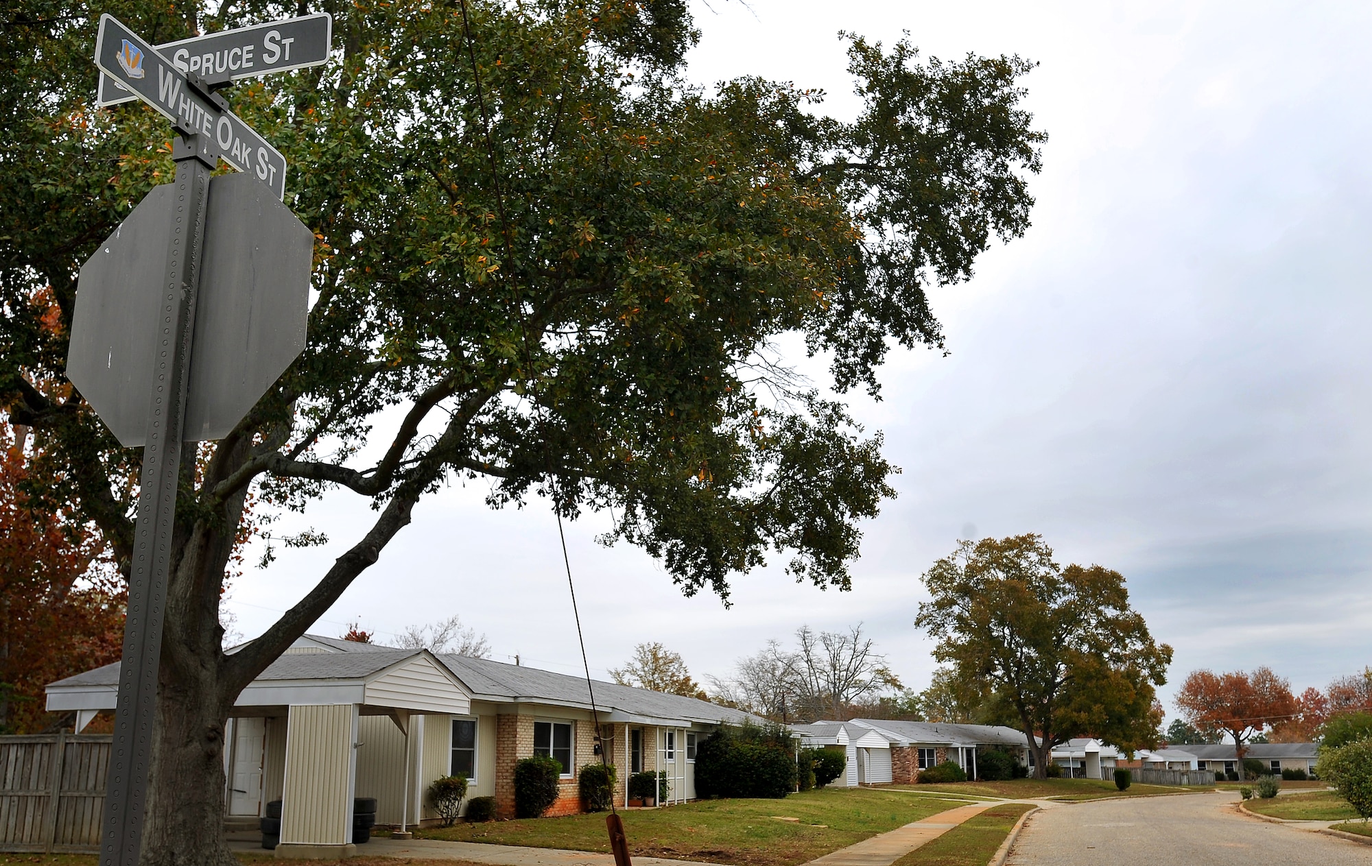 Condemned houses on Shaw's White Oak street sit vacant prior to being demolished, Nov. 10, 2011, Shaw Air Force Base, S.C. House 583 will be amongst the first houses to be demolished on Nov. 14, 2011 during a family housing redevelopment commencement ceremony signifying the beginning of a family housing privatization redevelopment project. (U.S. Air Force photo by Senior Airman Kenny Holston/Released)


