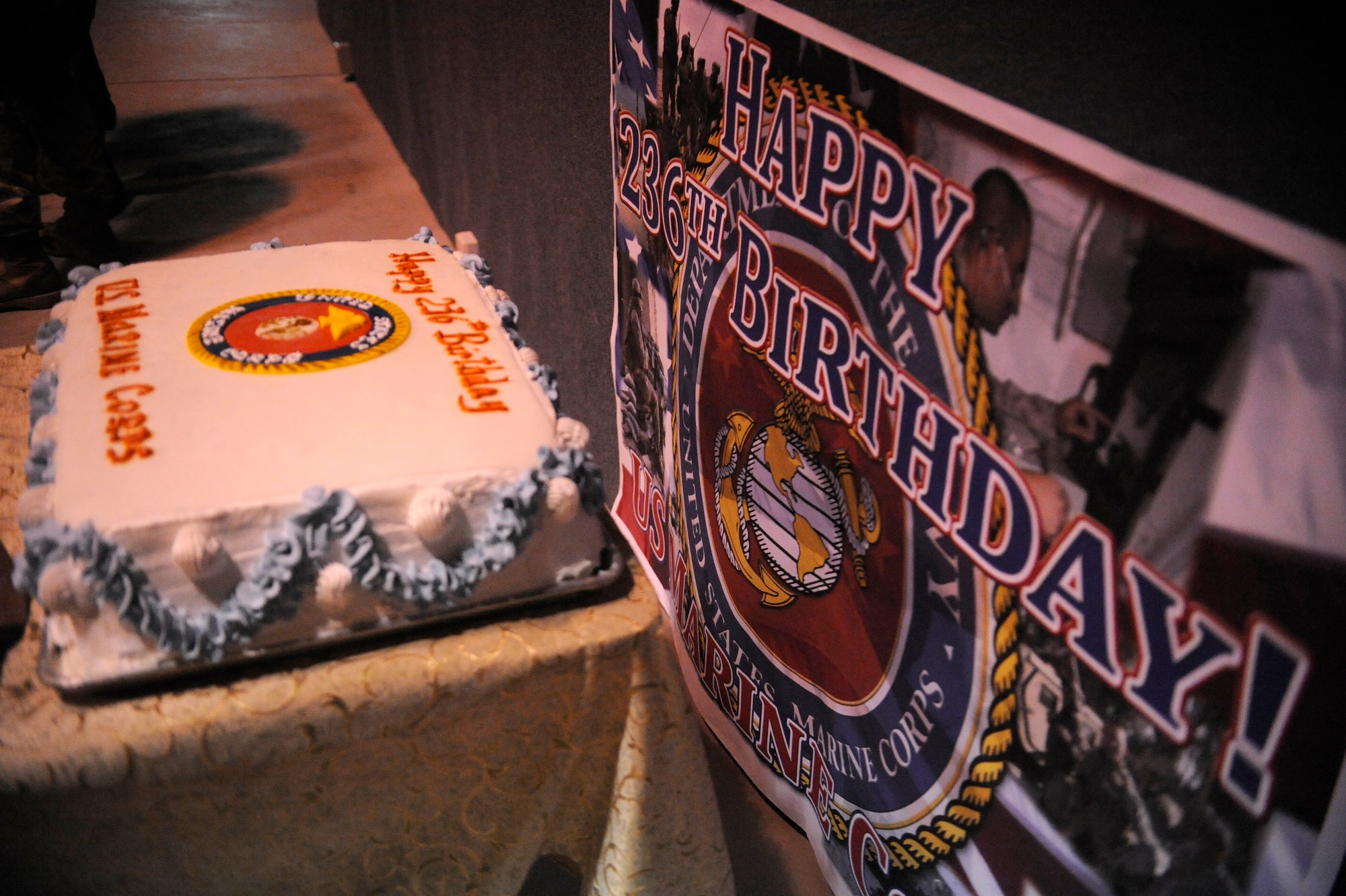 The Marine Corps’ birthday cake sits on display before a ceremony at the Transit Center at Manas, Kyrgyzstan, celebrating the Corps’ 236th birthday Nov. 10. The event was attended by several Marines passing through the Transit Center on their way to and home from Afghanistan. (U.S. Air Force photo/Tech. Sgt. Tammie Moore)