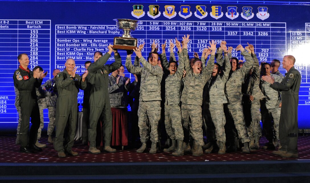 BARKSDALE AFB, La. - The 28th Bomb Wing from Ellsworth AFB, S.D., was awarded the Fairchild Trophy for Best Bomb Wing during the second night of the Global Strike Challenge score posting at Barksdale Air Force Base, La., Nov. 9. Global Strike Challenge is an amalgam of the best of the historic bomb competition and the former missile competition held under previous major commands that owned the missile and bomber missions at the time. Global Strike Challenge is unique when compared to those competitions because it includes operations, maintenance and security force participants from both the missile and bomber communities under the 2-year-old Air Force Global Strike Command. It also welcomes teams and weapon systems from other major commands. (U.S. Air Force photo by Airman 1st Class Micaiah Anthony) 