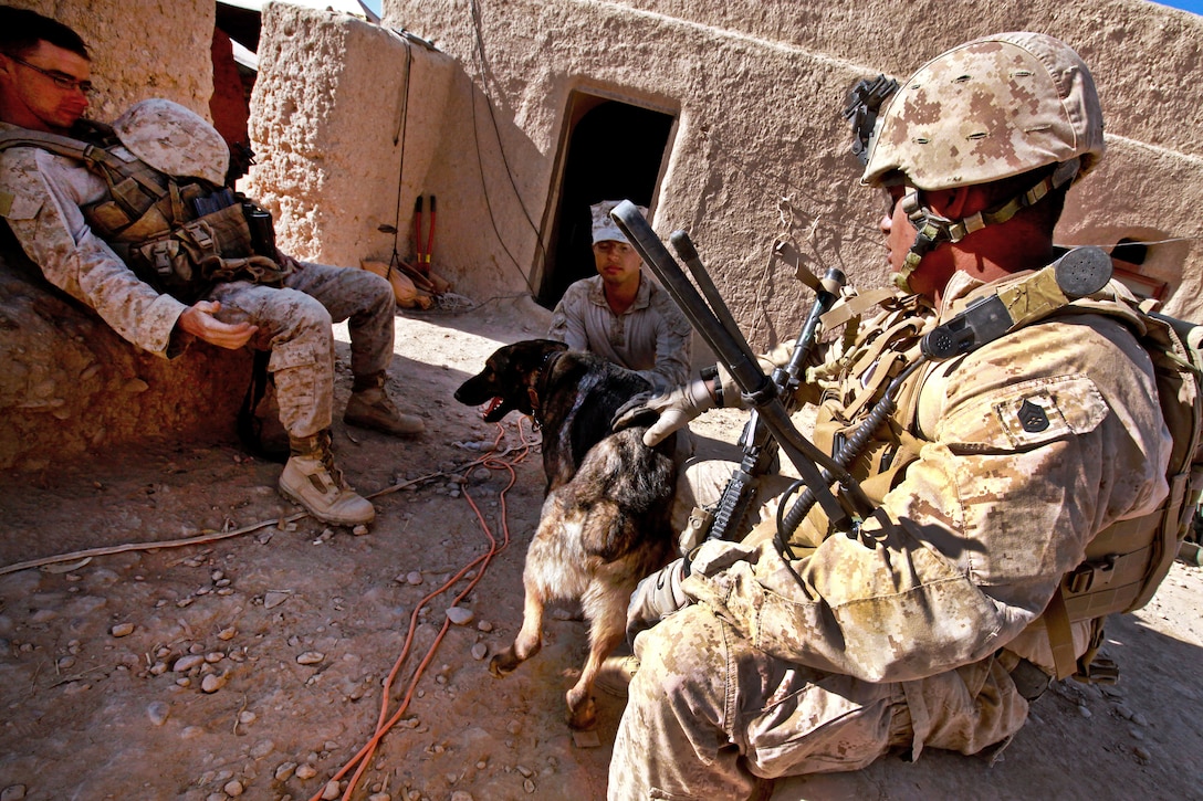 U.S. Marine Corps Gunnery Sgt. Jonathan Wetzold, right, pets a military working dog during a break on an escort mission near Patrol Base Maryland in Helmand province, Afghanistan, Oct. 25, 2011. Wetzold is assigned to the personal security detachment for the 1st Battalion, 6th Marine Regiment.
