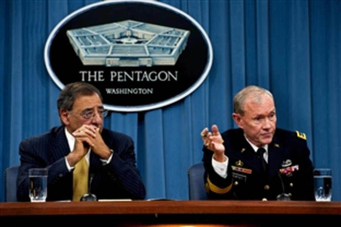 Defense Secretary Leon E. Panetta and Army Gen. Martin E. Dempsey, chairman of the Joint Chiefs of Staff, spoke to reporters in the Pentagon, Nov.10, 2011. The two men discussed the independent review of operations at the Port Mortuary at Dover Air Force Base, Del., and the situation in Iran. 