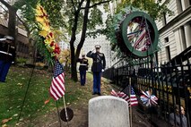 NEW YORK -- Lt. Col. Richard J. Bordonaro, Instructor Inspector, 6th Communications Battalion, Marine Forces Reserve, and Sgt. Maj. George S. Sanchez salutes the grave site of the third Commandant of the United States Marine Corps, Franklin Wharton, Nov. 10. The Marines of 6th Communications Battalion placed a wreath at his headstone overlooking the busy streets of New York. Wharton served from 1798 to 1818. He was the first Commandant to occupy the Commandant's House, Marine Barracks, Washington. He was born in Philadelphia, and now rests at Trinity Church a few blocks away from Wall Street in Manhattan. (Marine Corps production by Sgt. Randall A. Clinton / RELEASED)