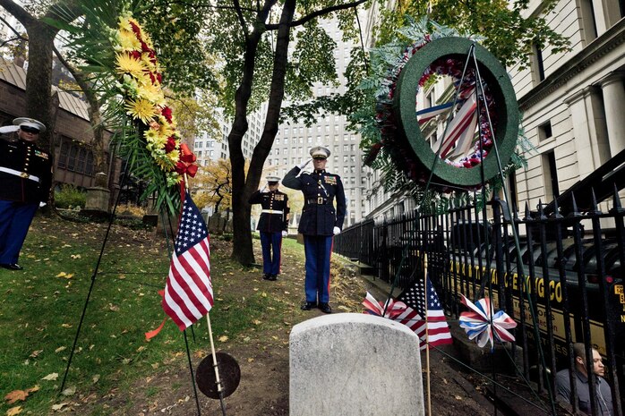 NEW YORK -- Lt. Col. Richard J. Bordonaro, Instructor Inspector, 6th Communications Battalion, Marine Forces Reserve, and Sgt. Maj. George S. Sanchez salutes the grave site of the third Commandant of the United States Marine Corps, Franklin Wharton, Nov. 10. The Marines of 6th Communications Battalion placed a wreath at his headstone overlooking the busy streets of New York. Wharton served from 1798 to 1818. He was the first Commandant to occupy the Commandant's House, Marine Barracks, Washington. He was born in Philadelphia, and now rests at Trinity Church a few blocks away from Wall Street in Manhattan. (Marine Corps production by Sgt. Randall A. Clinton / RELEASED)
