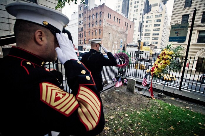 NEW YORK -- Lt. Col. Richard J. Bordonaro, Instructor Inspector, 6th Communications Battalion, Marine Forces Reserve, and Sgt. Maj. George S. Sanchez salutes the grave site of the third Commandant of the United States Marine Corps, Franklin Wharton, Nov. 10. The Marines of 6th Communications Battalion placed a wreath at his headstone overlooking the busy streets of New York. Wharton served from 1798 to 1818. He was the first Commandant to occupy the Commandant's House, Marine Barracks, Washington. He was born in Philadelphia, and now rests at Trinity Church a few blocks away from Wall Street in Manhattan. (Marine Corps production by Sgt. Randall A. Clinton / RELEASED)