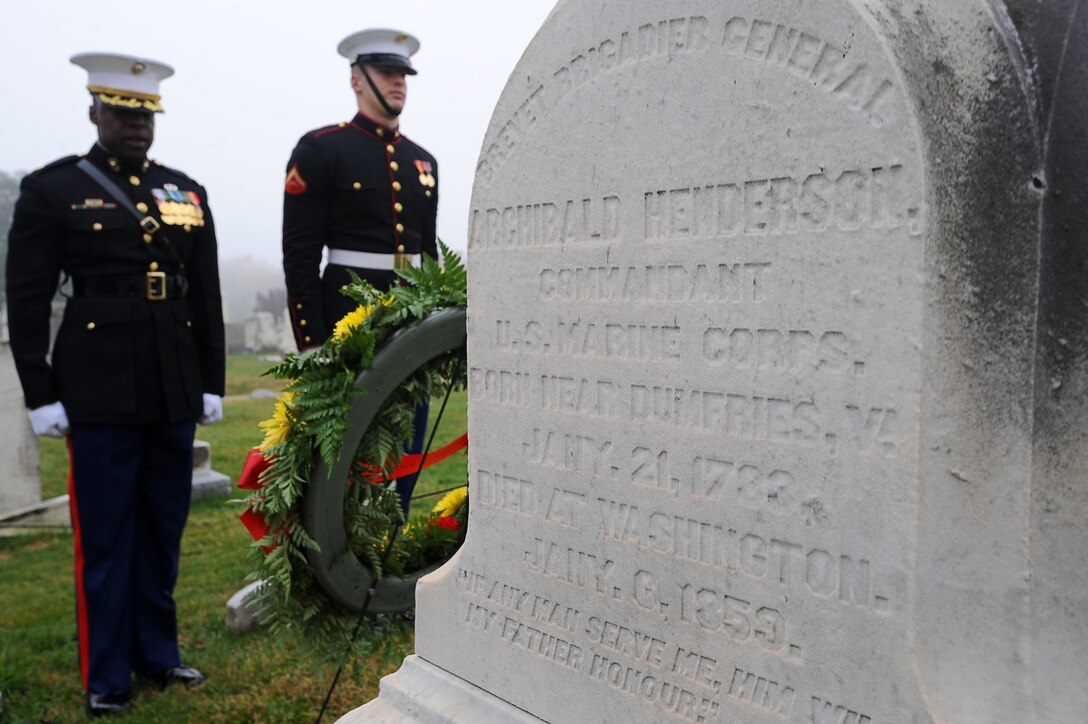 Maj. Jeramy Green; executive officer of Marine Corps Institute Company at Marine Barracks Washington; and Lance Cpl. Ruben Franco; Marine Corps body bearer; lay a wreath on the grave of Brig. Gen. Archibald Henderson; fifth commandant of the Marine Corps; at the Congressional Cemetery Nov. 10. Six teams from the Barracks visited various graves of former commandants and sergeants major of the Marine Corps in the National Capital Region to honor those former leaders of the Corps on the Marine Corps birthday.