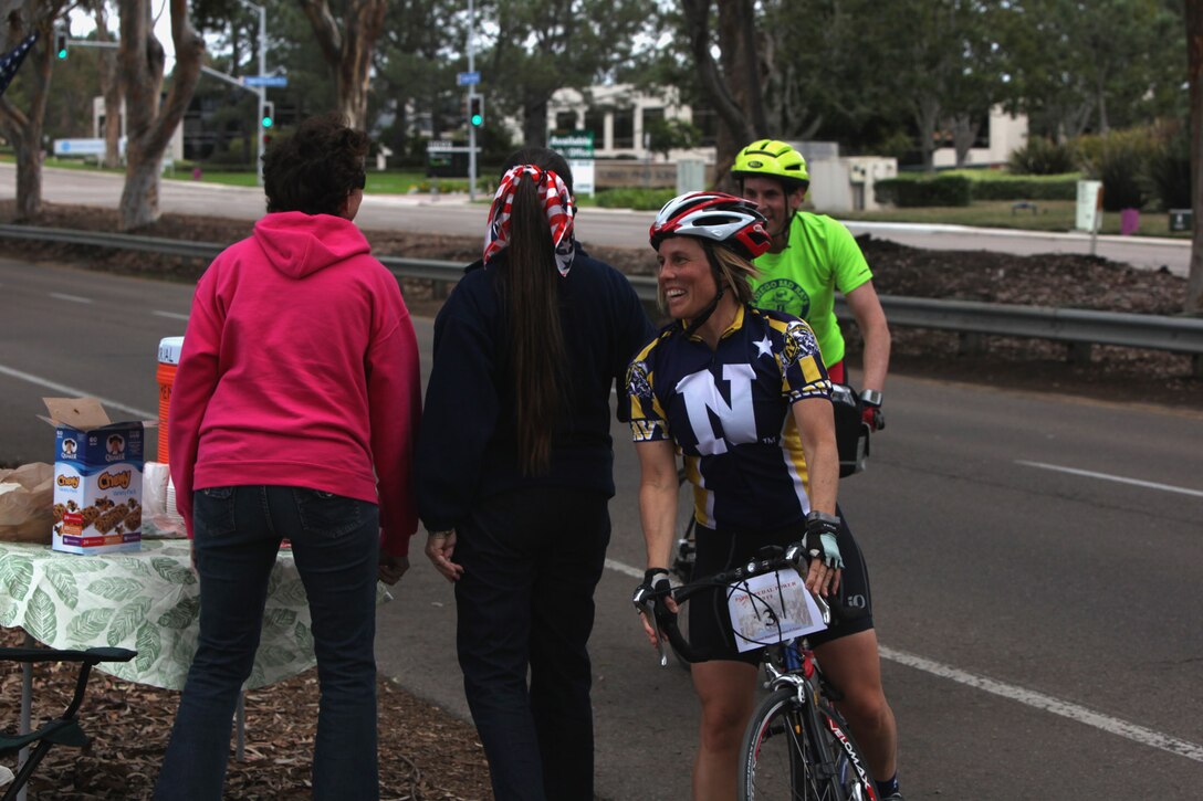 The first group arrive at the halfway point during the 4th Annual Padre Pedal Power Ride. The ride honored all veterans and raised money for the Semper Fi Fund, a non-profit organization that provides financial assistance and quality of life solutions for injured or severely ill service members.