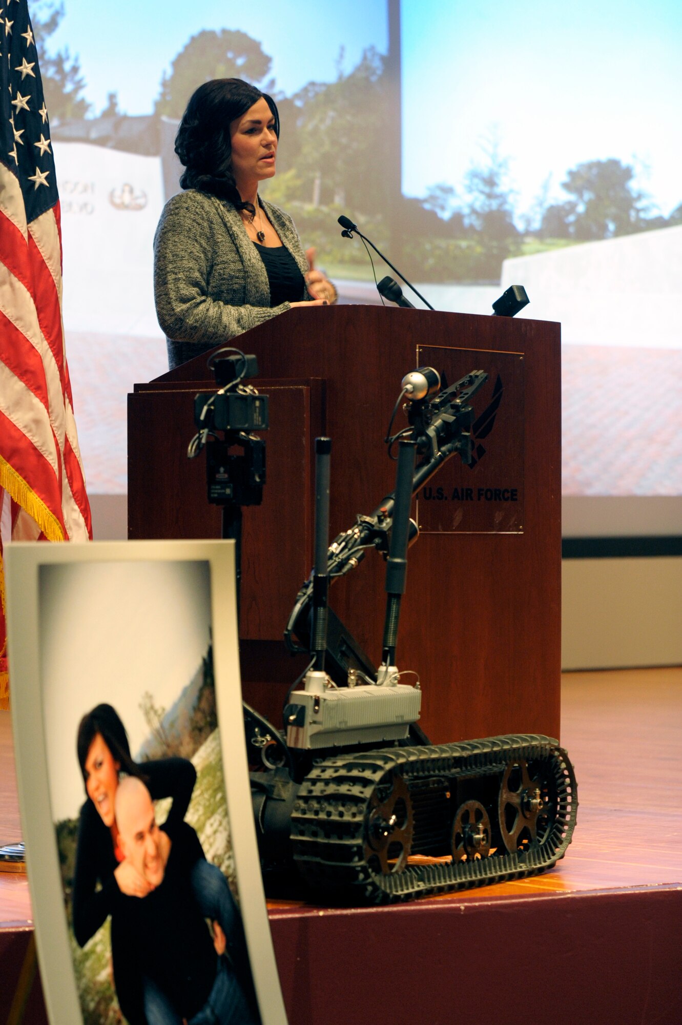 VANDENBERG AIR FORCE BASE, Calif. -- Kristen Johnson speaks during the Senior Airman Daniel J. Johnson Memorial Blvd. dedication ceremony here Nov. 11. California Blvd. from Vandenberg’s main gate to Missile V was dedicated in honor of Senior Airman Johnson, a 30th Civil Engineer Squadron explosive ordnance disposal technician, who died Oct. 5, 2010, while conducting EOD operations in Afghanistan. 
(U.S. Air Force photo/Jerry E. Clemens, Jr.)