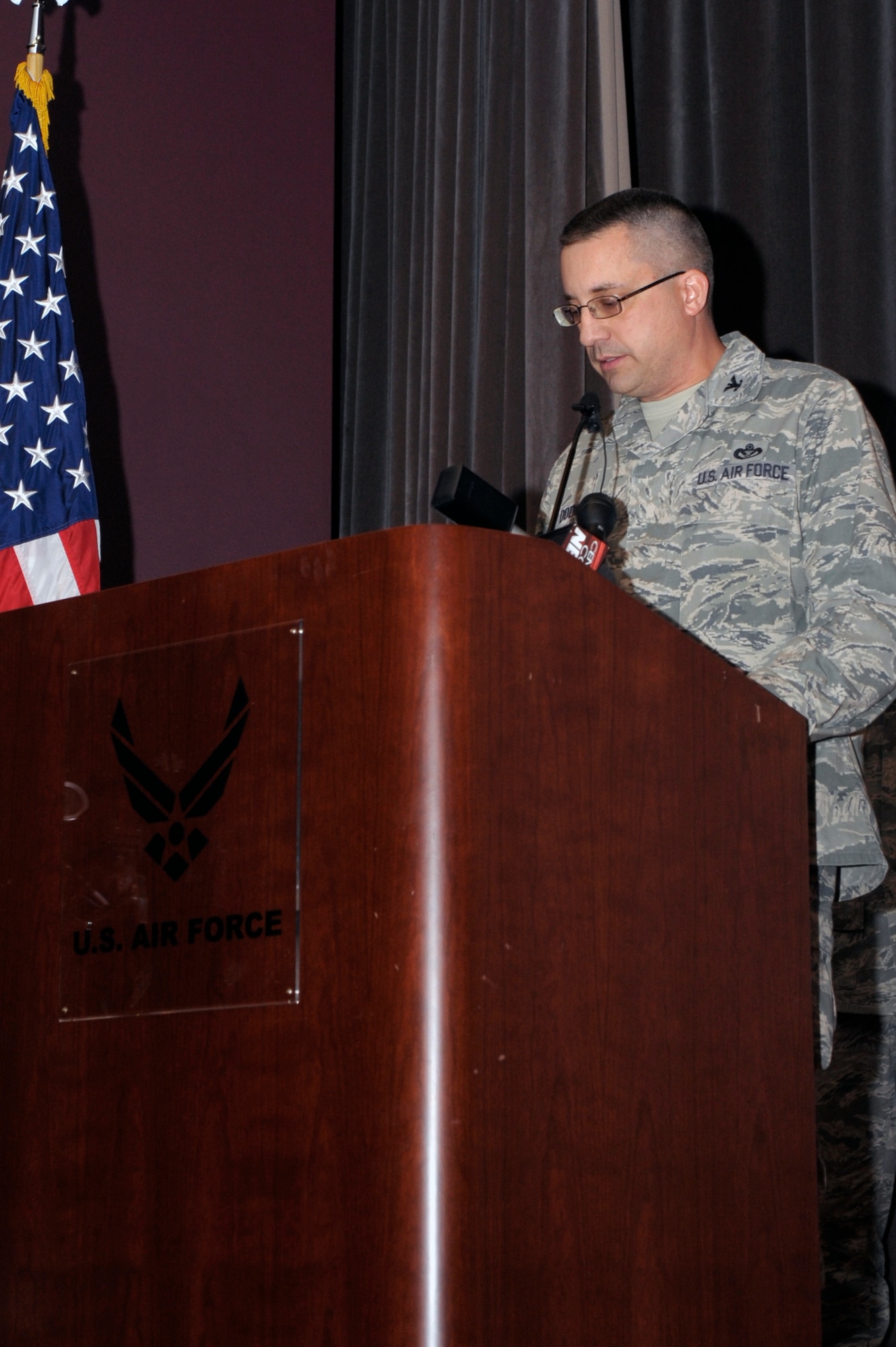 VANDENBERG AIR FORCE BASE, Calif. -- Colonel Timothy Dodge speaks during the Senior Airman Daniel J. Johnson Memorial Blvd. dedication ceremony here Nov. 11. California Blvd. from Vandenberg’s main gate to Missile V was dedicated in honor of Senior Airman Johnson, a 30th Civil Engineer Squadron explosive ordnance disposal technician, who died Oct. 5, 2010, while conducting EOD operations in Afghanistan. 
(U.S. Air Force photo/Jerry E. Clemens, Jr.)