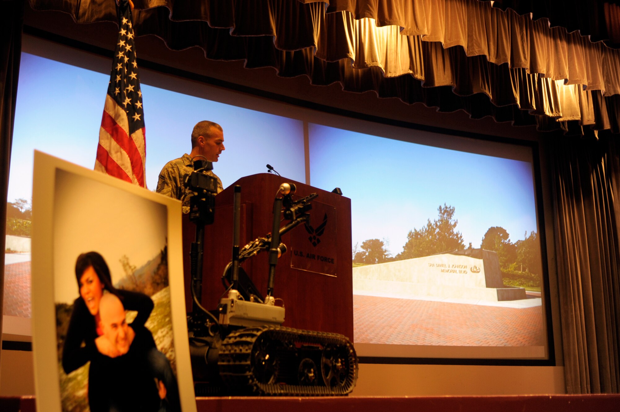 VANDENBERG AIR FORCE BASE, Calif. -- Senior Master Sgt. Edward Lockhart speaks during the Senior Airman Daniel J. Johnson Memorial Blvd. dedication ceremony here Nov. 11. California Blvd. from Vandenberg’s main gate to Missile V was dedicated in honor of Senior Airman Johnson, a 30th Civil Engineer Squadron explosive ordnance disposal technician, who died Oct. 5, 2010, while conducting EOD operations in Afghanistan. 
(U.S. Air Force photo/Jerry E. Clemens, Jr.)