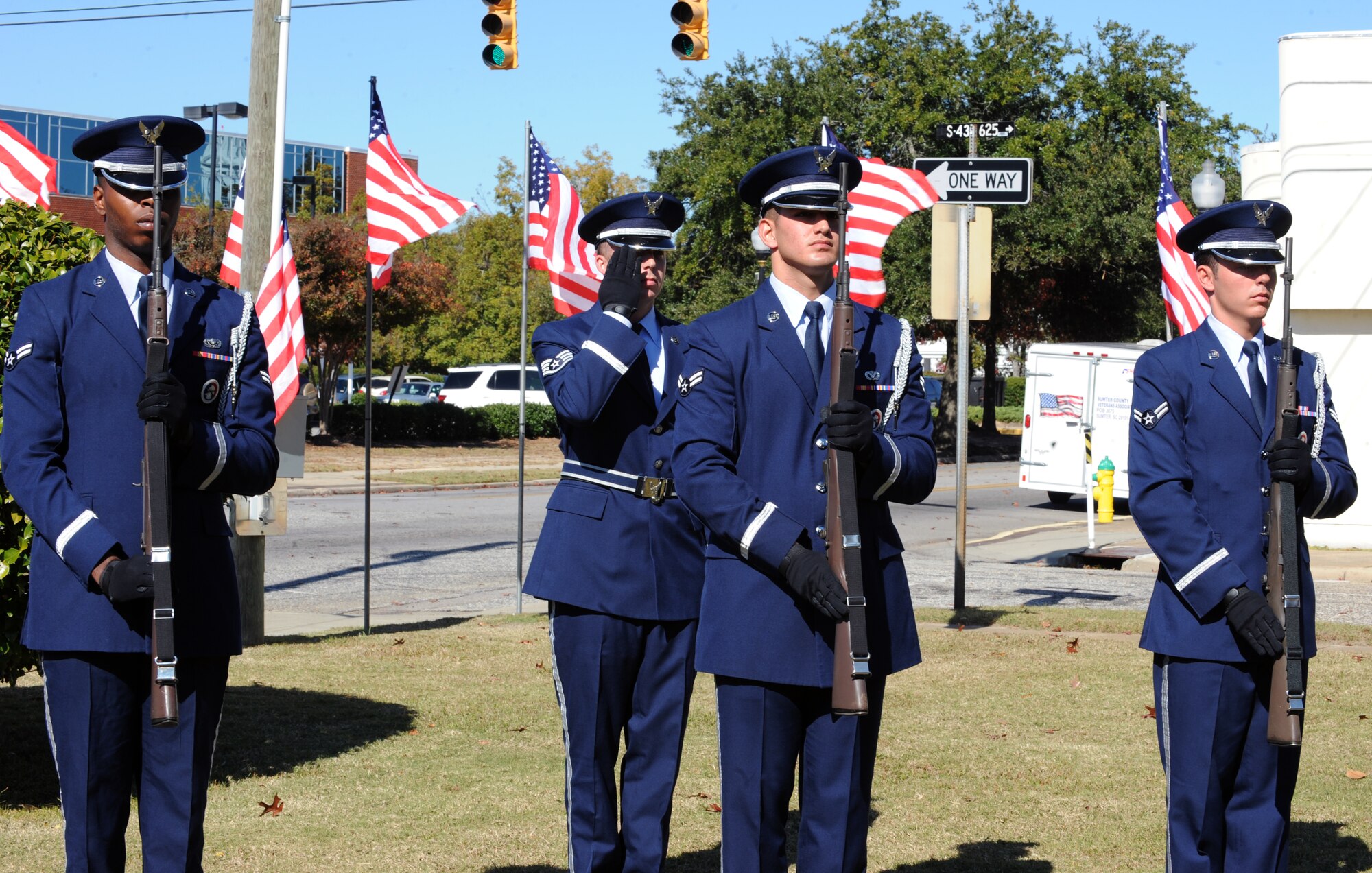U.S. Air Force Shaw Honor Guard conducts a 21 Gun Salute during the Veterans Day Ceremony, Sumter County Courthouse, S.C., Nov. 11, 2011. The Sumter County Veterans Association joined with Team Shaw and the Sumter community to remember those who have given so much in the defense of American freedoms and ideals.(U.S. Air Force photo by Airman 1st Class Tabatha Duarte/Released)