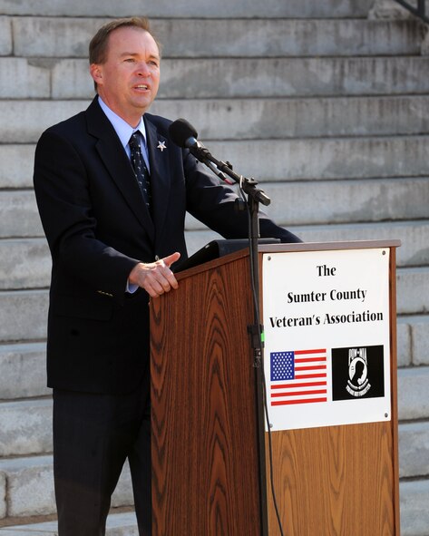 U.S. Congressman Mick Mulvaney, of the South Carolina Fifth District, thanks all veterans for their service and sacrifices during the Veterans Day Ceremony at the Sumter County Courthouse, S.C., Nov. 11, 2011. The Sumter County Veterans Association joined with Team Shaw and the Sumter community to remember those who have given so much in the defense of American freedoms and ideals. Veterans Day is held annually to celebrate patriotism and the love for our country. (U.S. Air Force photo by Airman 1st Class Tabatha Duarte/Released)