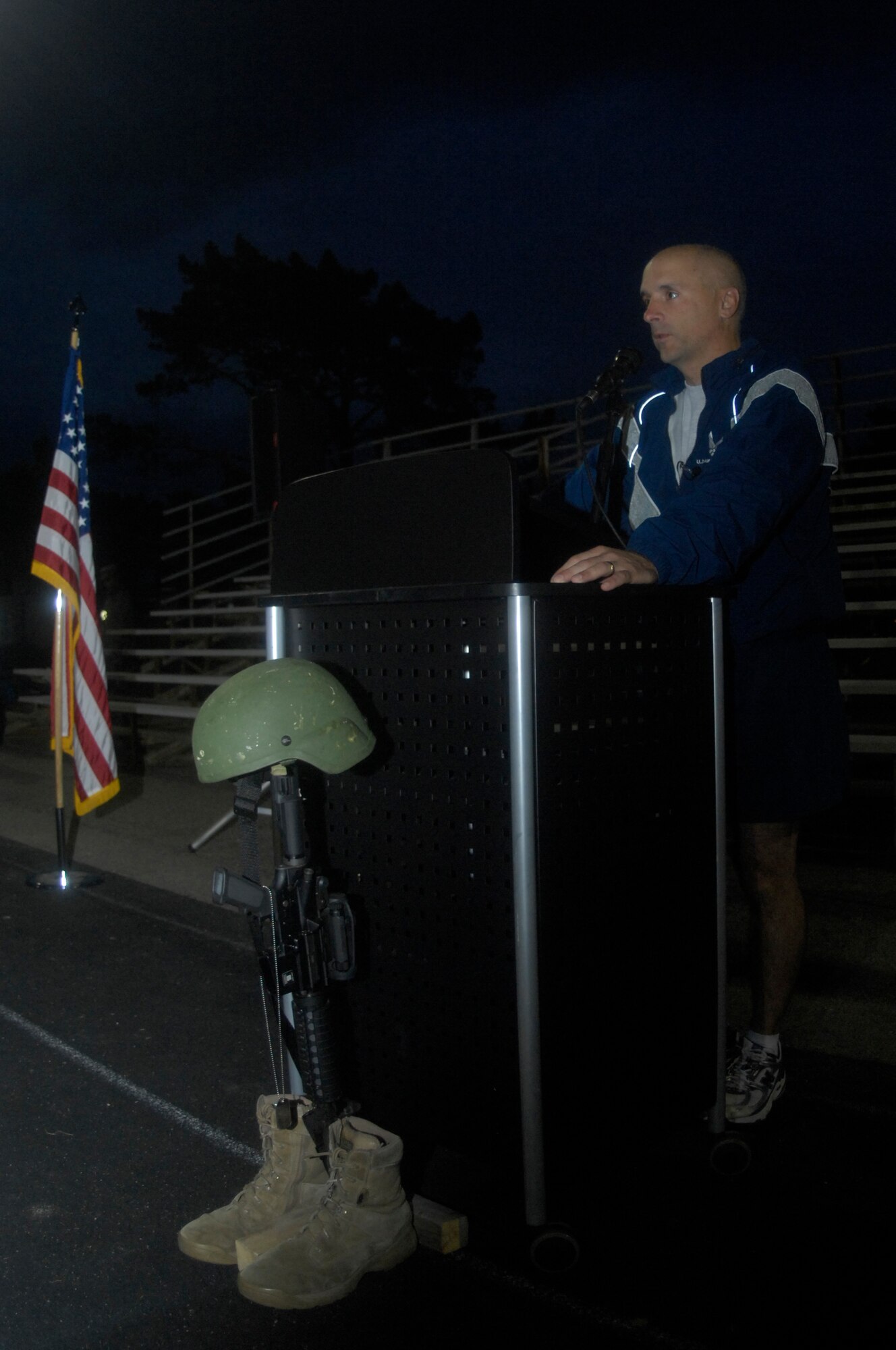 VANDENBERG AIR FORCE BASE, Calif. -- Col. Richard Boltz, the 30th Space Wing commander, speaks at the Run to Remember closing ceremony at the base track Friday, Nov. 11, 2011. A Run to Remember began Oct. 20, and more than 12,000 miles were run by Team V members in honor of the 6,249 military members who lost their lives in support of Operations Iraqi Freedom, Enduring Freedom and New Dawn. (U.S. Air Force photo/Senior Airman Lael Huss)
