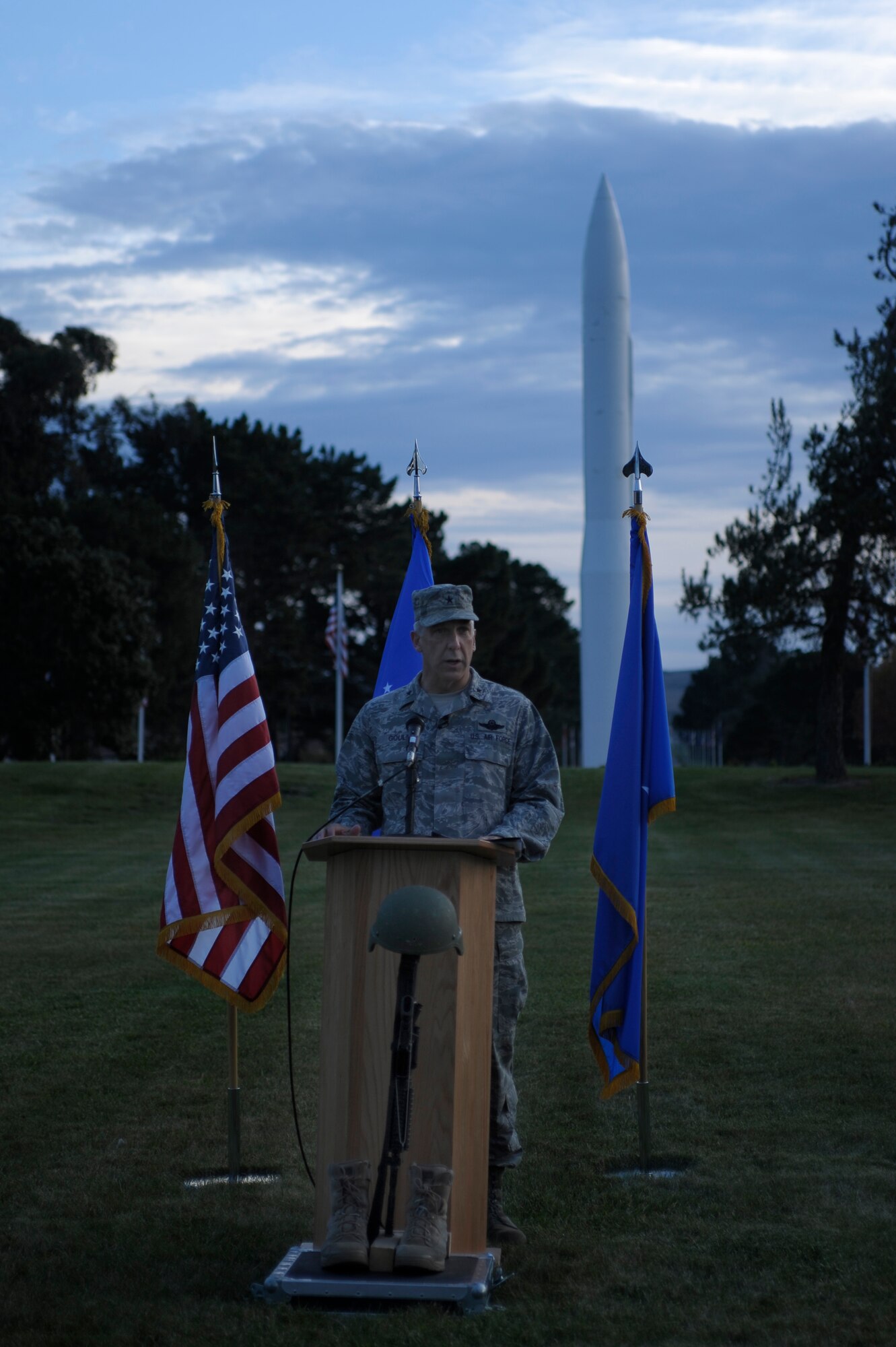 VANDENBERG AIR FORCE BASE, Calif. -- Brig. Gen. Thomas Gould, 14th Air Force vice commander, speaks during the Run to Remember closing ceremony here Friday, Nov. 11, 2011.  A Run to Remember, which began Oct. 20, was held in honor of the 6,249 military members who lost their lives in support of Operations Iraqi Freedom, Enduring Freedom and New Dawn.  (U.S. Air Force photo/Staff Sgt. Andrew Satran)

 