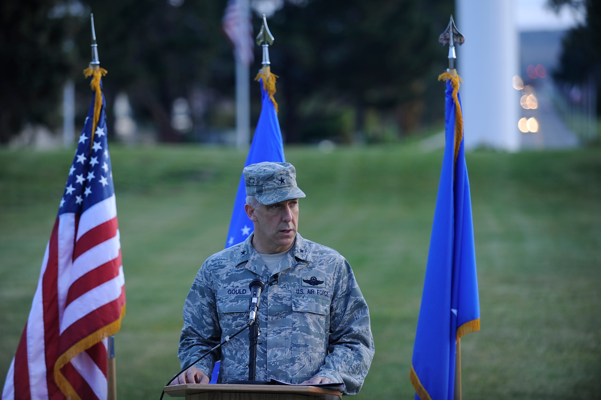 VANDENBERG AIR FORCE BASE, Calif. -- Brig. Gen. Thomas Gould, 14th Air Force vice commander, speaks during the Run to Remember closing ceremony here Friday, Nov. 11, 2011.  A Run to Remember, which began Oct. 20, was held in honor of the 6,249 military members who lost their lives in support of Operations Iraqi Freedom, Enduring Freedom and New Dawn.  (U.S. Air Force photo/Staff Sgt. Andrew Satran)

 