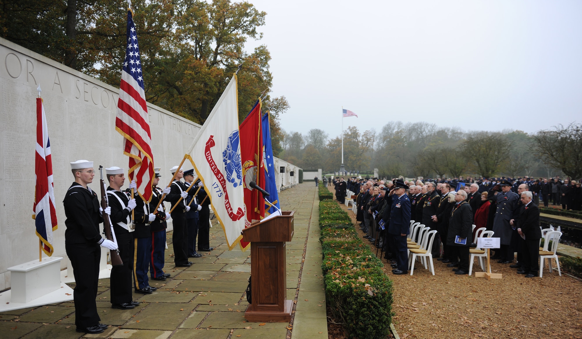CAMBRIDGE, United Kingdom - American and British servicemembers pay tribute to veterans during a ceremony at Cambridge American Cemetery and Memorial Nov. 11. More than 300 servicemembers stationed across England, veterans of both nations and those who came to honor heroes past and present participated in the event. (U.S. Air Force photo by Tech. Sgt. John Barton)