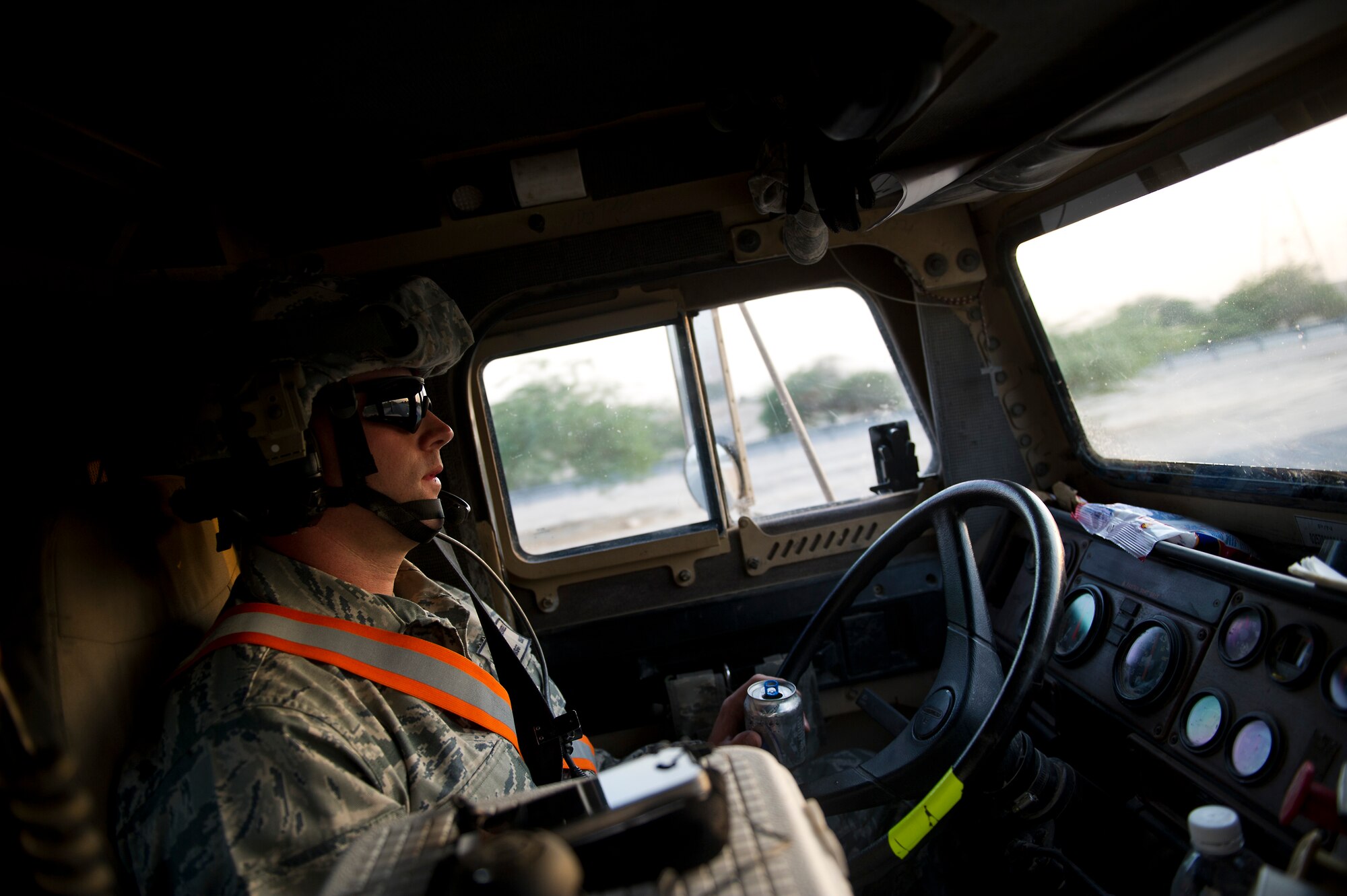 U.S. Air Force Master Sgt. Gary Ferreri, a Philadelphia, PA native assigned to the 70th medium truck detachment, drives a maintenance truck on a convoy tasked with transporting equipment out of Iraq on Oct. 23, 2011. Ferreri provides critical maintenance support for a convoy of 43 vehicles during 1,100 mile, seven day mission to haul equipment out of Iraq. (U.S. Air Force Photo/Master Sgt. Jeffrey Allen)