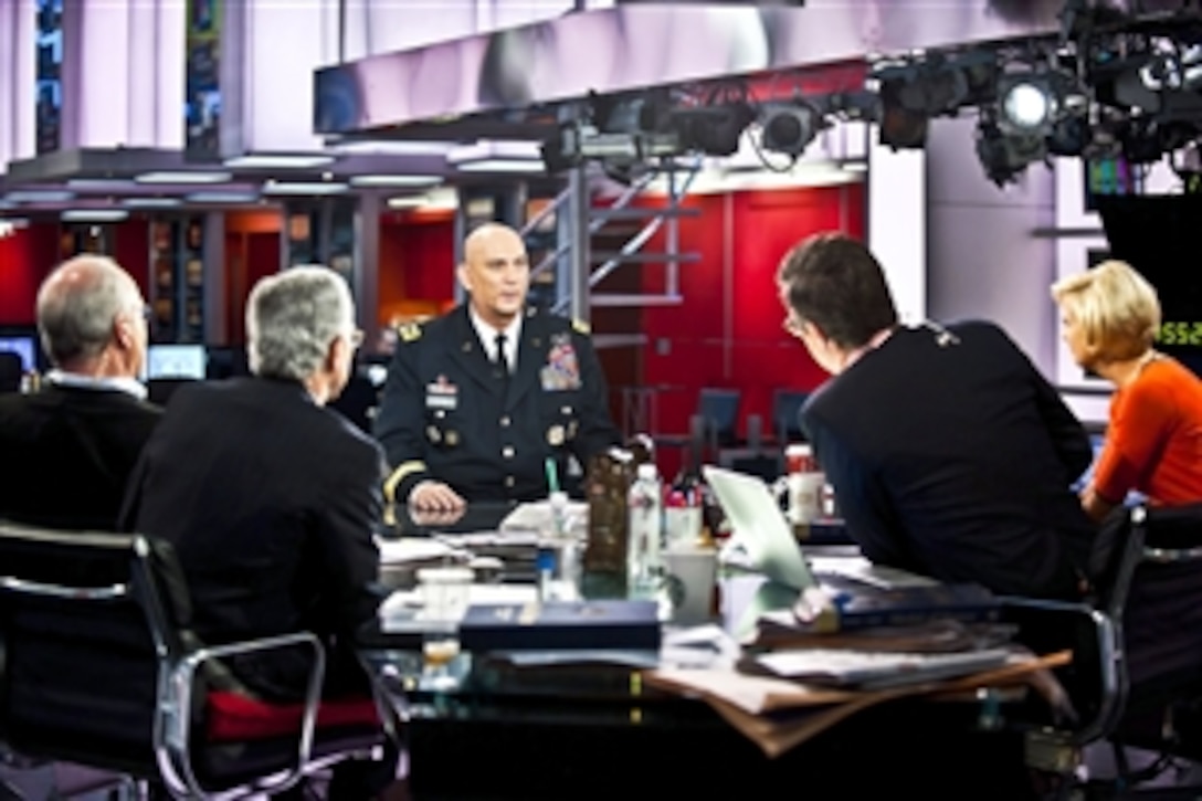 U.S. Army Chief of Staff Gen. Raymond T. Odierno speaks with journalists at MSNBC Morning Joe in New York during his visit to participate in the Veterans Day Parade, Nov. 11, 2011.