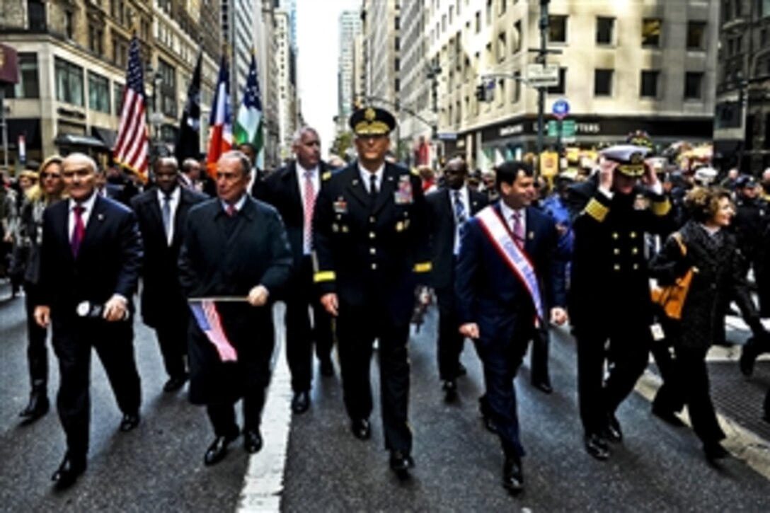 U.S. Army Chief of Staff Gen. Raymond T. Odierno accompanies New York Mayor Michael Bloomberg and other city officials during the Veterans Day Parade in New York, Nov. 11, 2011.