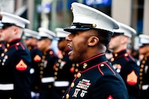 NEW YORK -- Marines from 6th Communications Battalion, Marine Forces Reserve, marched in the annual New York Veterans Day parade, here, Nov. 11. This year marks the 92st Anniversary of The New York City Veterans Day Parade. The parade is hosted by the United War Veterans Council, Inc. on behalf of the City of New York. It is the oldest and largest of its kind in the nation. Since November 11, 1919, the parade has provided an opportunity for Americans and International visitors to honor those who have served in the nation’s largest city. Sgt. Dakota Meyer, the recently awarded Marine Medal of Honor recipient, rode in the parade. Major Gen. Melvin Spiese, Deputy Commanding General, I Marine Expeditionary Force, represented the Marine Corps as one of the reviewing officials of the parade. (Marine Corps photo by Sgt. Randall A. Clinton / RELEASED)