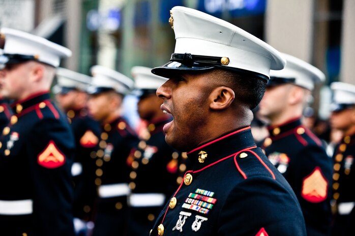 NEW YORK -- Marines from 6th Communications Battalion, Marine Forces Reserve, marched in the annual New York Veterans Day parade, here, Nov. 11. This year marks the 92st Anniversary of The New York City Veterans Day Parade. The parade is hosted by the United War Veterans Council, Inc. on behalf of the City of New York. It is the oldest and largest of its kind in the nation. Since November 11, 1919, the parade has provided an opportunity for Americans and International visitors to honor those who have served in the nation’s largest city. Sgt. Dakota Meyer, the recently awarded Marine Medal of Honor recipient, rode in the parade. Major Gen. Melvin Spiese, Deputy Commanding General, I Marine Expeditionary Force, represented the Marine Corps as one of the reviewing officials of the parade. (Marine Corps photo by Sgt. Randall A. Clinton / RELEASED)