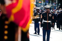 NEW YORK -- Marines from 6th Communications Battalion, Marine Forces Reserve, marched in the annual New York Veterans Day parade, here, Nov. 11. This year marks the 92st Anniversary of The New York City Veterans Day Parade. The parade is hosted by the United War Veterans Council, Inc. on behalf of the City of New York. It is the oldest and largest of its kind in the nation. Since November 11, 1919, the parade has provided an opportunity for Americans and International visitors to honor those who have served in the nation’s largest city. Sgt. Dakota Meyer, the recently awarded Marine Medal of Honor recipient, rode in the parade. Major Gen. Melvin Spiese, Deputy Commanding General, I Marine Expeditionary Force, represented the Marine Corps as one of the reviewing officials of the parade. (Marine Corps photo by Sgt. Randall A. Clinton / RELEASED)