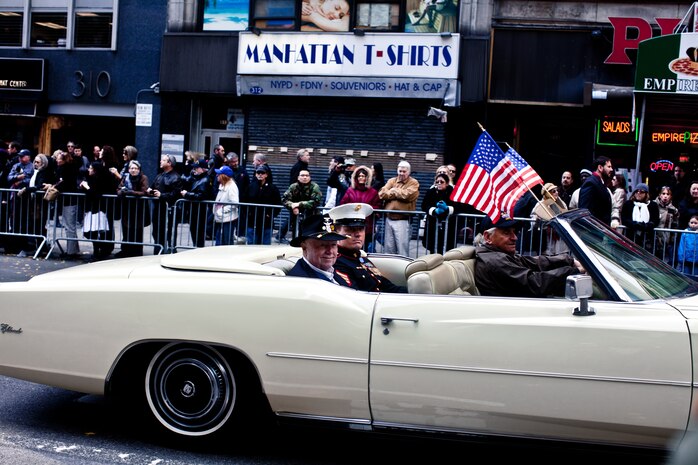 NEW YORK -- Sgt. Dakota Meyer, the most recent Medal of Honor recipient, participated in the 92st Anniversary of The New York City Veterans Day Parade, here, Nov. 11. Meyer is the only living Marine to be awarded the Medal of Honor for actions since Vietnam. In 2009, he made multiple trips into an intense firefight to try and save members of his team. The parade is hosted by the United War Veterans Council, Inc. on behalf of the City of New York. It is the oldest and largest of its kind in the nation. Since November 11, 1919, the parade has provided an opportunity for Americans and International visitors to honor those who have served in the nation’s largest city. Major Gen. Melvin Spiese, Deputy Commanding General, I Marine Expeditionary Force, represented the Marine Corps as one of the reviewing officials of the parade. (Marine Corps photo by Sgt. Randall A. Clinton / RELEASED)