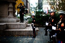 NEW YORK -- A Marine firing detail from 6th Communications Battalion, Marine Forces Reserve, gave a rifle salute as part of the opening ceremony for the annual New York Veterans Day parade, here, Nov. 11. This year marks the 92st Anniversary of The New York City Veterans Day Parade. The parade is hosted by the United War Veterans Council, Inc. on behalf of the City of New York. It is the oldest and largest of its kind in the nation. Since November 11, 1919, the parade has provided an opportunity for Americans and International visitors to honor those who have served in the nation’s largest city. Sgt. Dakota Meyer, the recently awarded Marine Medal of Honor recipient, rode in the parade. Major Gen. Melvin Spiese, Deputy Commanding General, I Marine Expeditionary Force, represented the Marine Corps as one of the reviewing officials of the parade. (Marine Corps photo by Sgt. Randall A. Clinton / RELEASED)