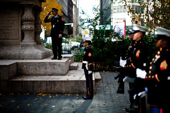 NEW YORK -- A Marine firing detail from 6th Communications Battalion, Marine Forces Reserve, gave a rifle salute as part of the opening ceremony for the annual New York Veterans Day parade, here, Nov. 11. This year marks the 92st Anniversary of The New York City Veterans Day Parade. The parade is hosted by the United War Veterans Council, Inc. on behalf of the City of New York. It is the oldest and largest of its kind in the nation. Since November 11, 1919, the parade has provided an opportunity for Americans and International visitors to honor those who have served in the nation’s largest city. Sgt. Dakota Meyer, the recently awarded Marine Medal of Honor recipient, rode in the parade. Major Gen. Melvin Spiese, Deputy Commanding General, I Marine Expeditionary Force, represented the Marine Corps as one of the reviewing officials of the parade. (Marine Corps photo by Sgt. Randall A. Clinton / RELEASED)