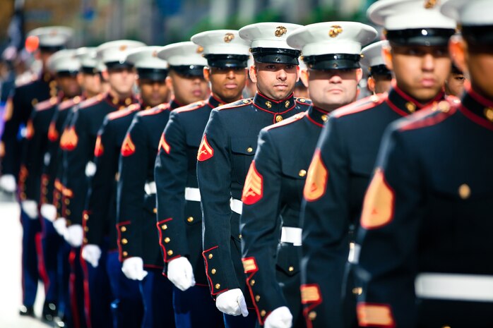 NEW YORK -- Marines from 6th Communications Battalion, Marine Forces Reserve, marched in the annual New York Veterans Day parade, here, Nov. 11. This year marks the 92st Anniversary of The New York City Veterans Day Parade. The parade is hosted by the United War Veterans Council, Inc. on behalf of the City of New York. It is the oldest and largest of its kind in the nation. Since November 11, 1919, the parade has provided an opportunity for Americans and International visitors to honor those who have served in the nation’s largest city. Sgt. Dakota Meyer, the recently awarded Marine Medal of Honor recipient, rode in the parade. Major Gen. Melvin Spiese, Deputy Commanding General, I Marine Expeditionary Force, represented the Marine Corps as one of the reviewing officials of the parade. (Marine Corps photo by Sgt. Randall A. Clinton / RELEASED)