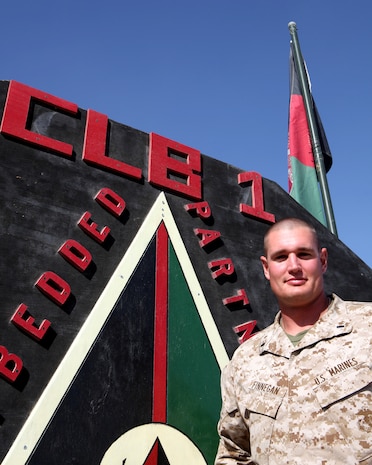 1st Lt. Owen Finnegan, the assistant officer-in-charge of the Embedded Partnering Team, Combat Logistics Battalion 1, 2nd Marine Logistics Group (Forward), stands at the entrance of the EPT compound aboard Camp Leatherneck, Afghanistan, Nov. 12.  Finnegan and his Marines work with Afghan National Army soldiers to promote their independence. (U.S. Marine Corps photo by Cpl. Katherine M. Solano)