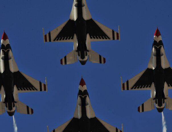 The United States Air Force Air Demonstration Squadron Thunderbirds, fly the Diamond formation during the 2011 Aviation Nation Open House Nov. 12, at Nellis Air Force Base, Nev. Aviation Nation celebrates 70 years of airpower in Las Vegas and the Air Force's accomplishments in air, space and cyberspace. (U.S. Air Force photo by Senior Master Sgt.  Kevin Gruenwald/Released)



