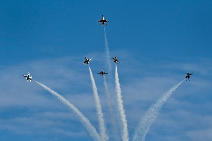 The United States Air Force Air Demonstration Squadron Thunderbirds, perform the Delta Blast during the 2011 Aviation Nation Open House Nov. 12, at Nellis Air Force Base, Nev. Aviation Nation celebrates 70 years of airpower in Las Vegas and the Air Force's accomplishments in air, space and cyberspace. (U.S. Air Force photo by Airman 1st Class Daniel Hughes/Released)