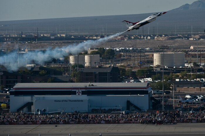 The United States Air Force Air Demonstration Squadron Thunderbirds, take off during the 2011 Aviation Nation Open House Nov. 12, 2011, at Nellis Air Force Base, Nev. Aviation Nation celebrates 70 years of airpower in Las Vegas and the Air Force's accomplishments in air, space and cyberspace. (U.S. Air Force photo by Airman 1st Class Daniel Hughes/Released)