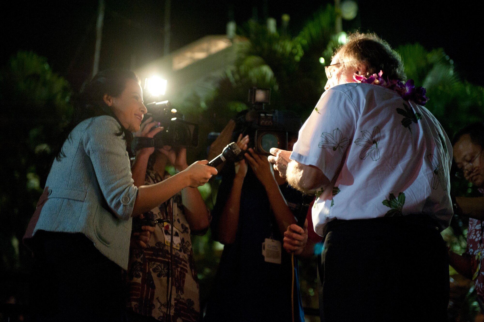JOINT BASE PEARL HARBOR-HICKAM, Hawaii--Hawaii Governor Neil Abercrombie speaks to local media upon President Barack Obama and First Lady Michell Obama's arrival at Joint Base Pearl Harbor-Hickam, Hawaii, for the Asia-Pacific Economic Cooperation summit, Nov. 10. APEC is the premier economic forum in the Asia-Pacific region.  Established in 1989 and comprising 21 member economies from around the Pacific Rim, including the U.S., APEC fosters growth and prosperity by facilitating economic cooperation and expanding trade and investment throughout the region. (U.S. Air Force photo/Senior Airman Lauren Main)  