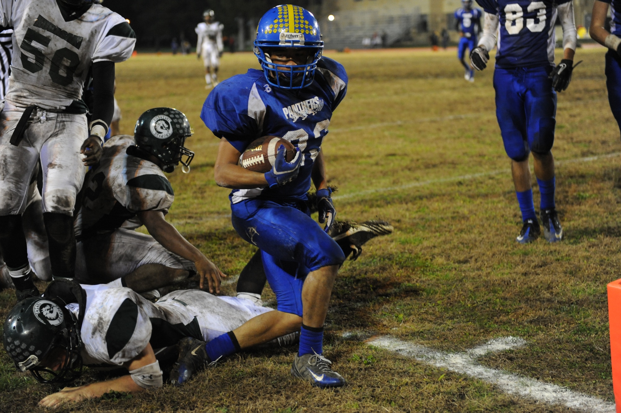 YOKOTA AIR BASE, Japan -- The Yokota Panthers and Kubasaki Dragons face-off during the Far East Championship game November 12, 2011. The Panthers defeated the Dragons 34-6 to clinch the Far East Division One title. (U.S. Air Force photo/Capt. Raymond Geoffroy)