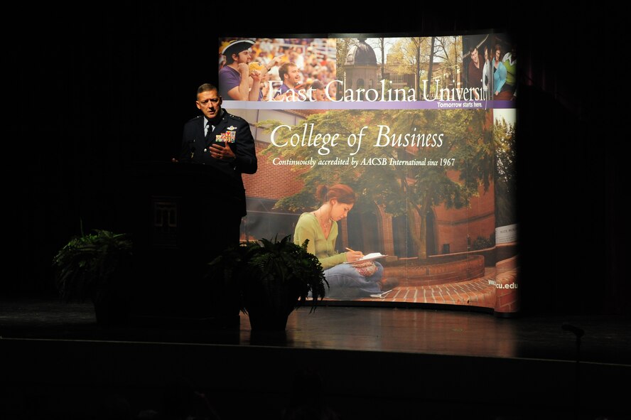Gen. Gary North, Pacific Air Forces Commander, speaks at the East Carolina University College of Business at Wright Auditorium in Greenville, N.C., Nov. 10, 2011.  North's speech was part of the Cunanan Leadership Speaker Series, which brings a wide range of speakers to the university to speak on topics such as leadership, professional development, ethics, and the role of business in modern society.  North is a distinguished graduate of ECU, having earned his Bachelor's degree in political science and subsequent commission in 1976.  (U.S. Air Force photo/Capt. Matt Schroff)